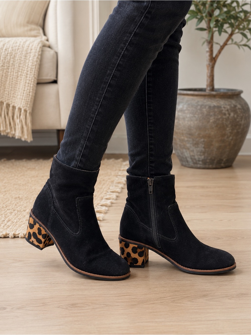 Crevo Black Suede Ankle Boots with Leopard-Print Block Heel